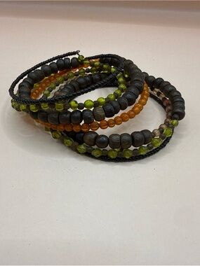 Boho Earth Tone Beaded Memory Wire Wrap Bracelet Wood and Mixed Materials